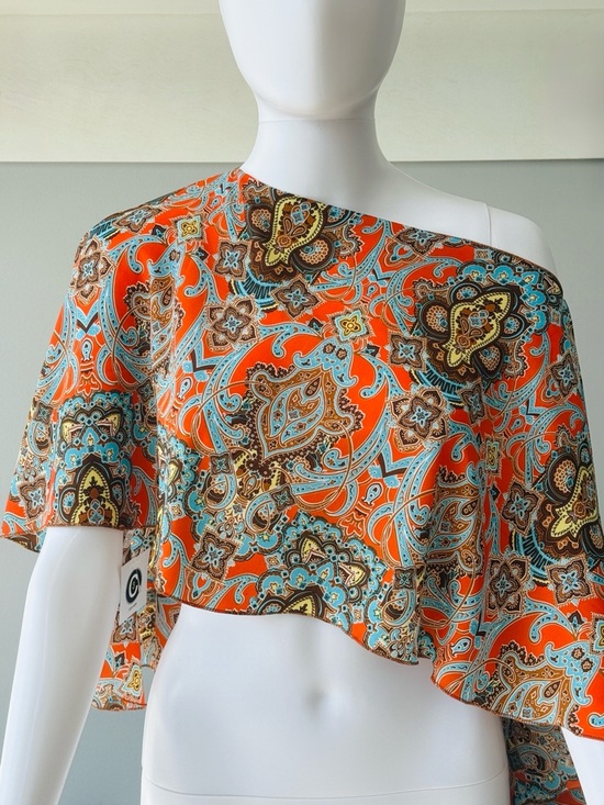 C3 Tops - C3 Vibrant Orange & Turquoise Paisley Silk Multi-Style Poncho Top Blouse-1 Size